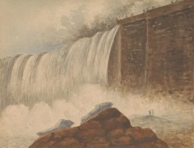 View Of Niagara Falls With Two Figures On Rock In Right Foreground