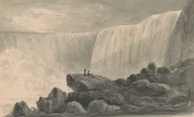 View Of Niagara Falls With Two Figures Sitting On A Rock Center Foreground