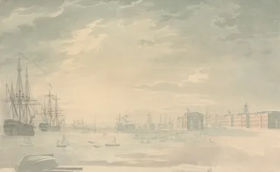 View Of Portsmouth Harbor With Shipping Showing Buildings On Shore
