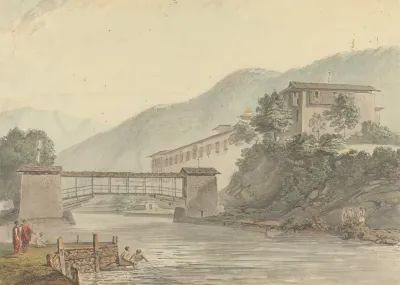 View Of Tashichoedzong Bhutan And Foot Bridge