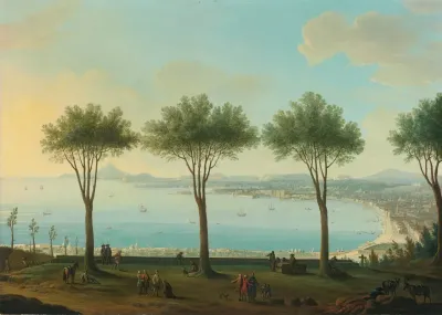 View Of The Bay Of Naples From The South Possibly Poggioreale Looking North With A King Of The Bourbon Family Possibly Ferdinand Iv In The Foreground