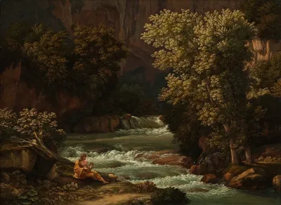 View Of The Ponte Lupo On The River Anio Near Tivoli In The Foreground A Youth Playing The Lyre