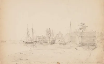 View Of The Stores At The Mouth Of The Mill River With The English Sloop At Anchor Taken From The Ground Walter Perrys