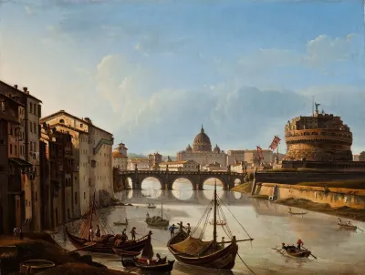 View Of The Tiber In Rome Showing St Peters And The Castle Of St Angelo