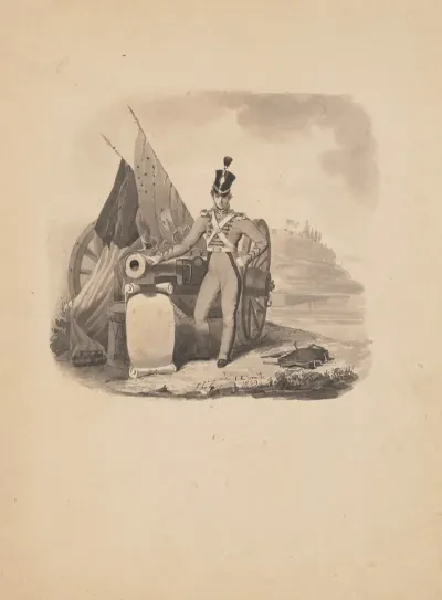 Vignette Of A Soldier Leaning On Ordnance With Fortifications In Distant Background