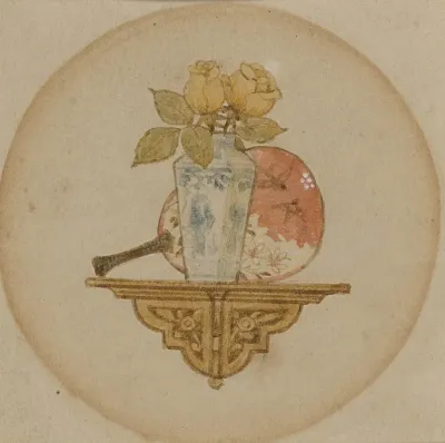 Vignette Of Fan And Vase On A Shelf