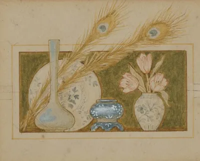 Vignette Of Two Peacock Feathers And China