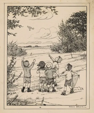 Vijf Jongens Kijkend Naar Een Zeppelin 2