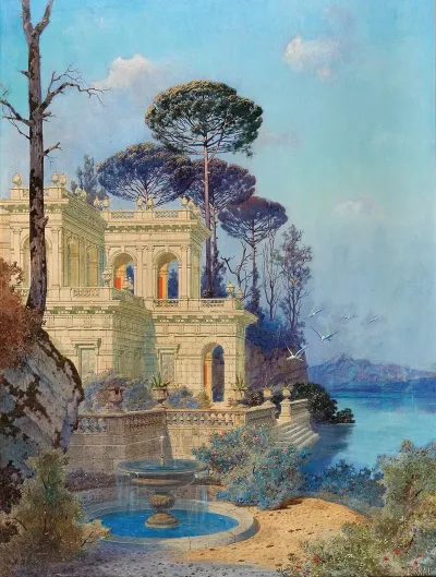 Villa A Fountain By The Lake In The Foreground