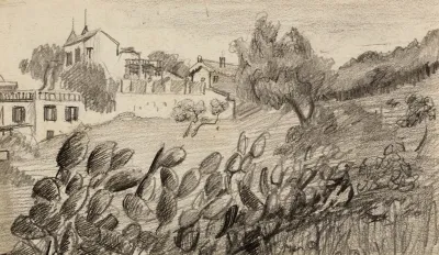 Villa Dans Un Paysage Avec Cactus Au Premier Plan