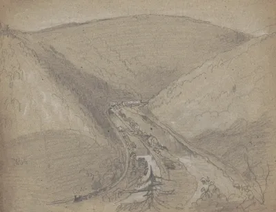 Village In Mountain Gap Train Running On Tracks On The Left Buildings On Strip Of Land Dividing A River