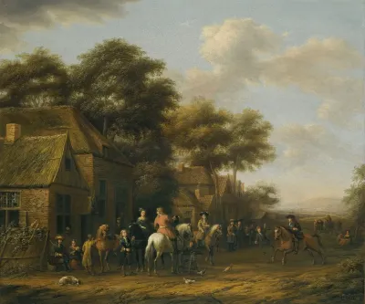 Village Scene With Numerous Figures Horses And Chickens 2