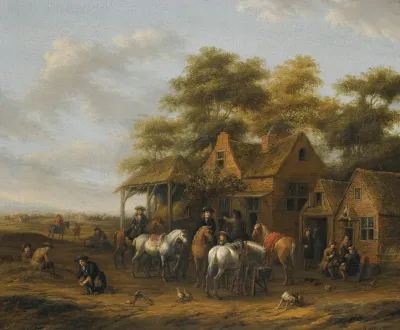 Village Scene With Numerous Figures Horses And Chickens
