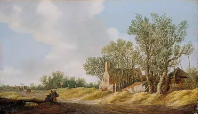 Village Street With People Resting At A Brigde