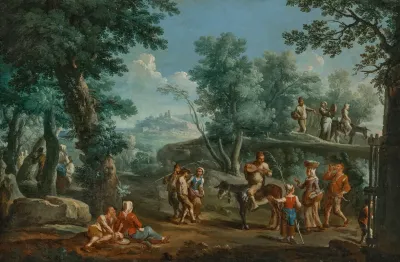 Villagers Playing Music Dancing And Resting In A Wooded Mountainous Landscape
