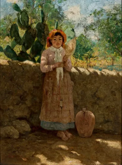 Vincenziana Girl With A Distaff Against A Wall