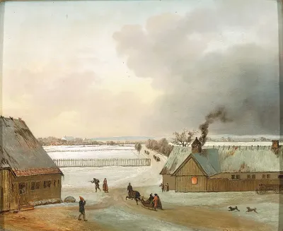 Vinterstykke Forestillende Udsigt Til Soelyst Fra Ordrup Med En Kanefaerd