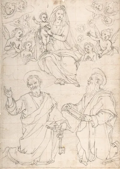 Virgin And Child Appearing In A Glory Of Angels To Saint Peter And Saint Paul