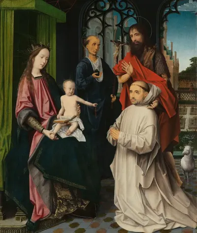 Virgin And Child Enthroned With Saints Jerome And John The Baptist And A Carthusian Monk