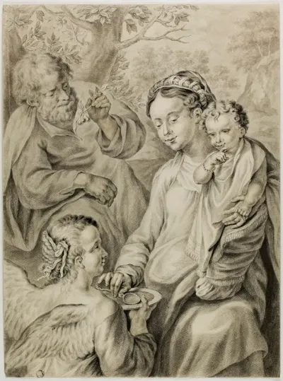Virgin Feeding Porridge To The Christ Child With Saint Joseph And Kneeling Angel