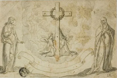Virgin Mary And St John The Evangelist Beholding A Vision Of The Cross Held By Two Angels