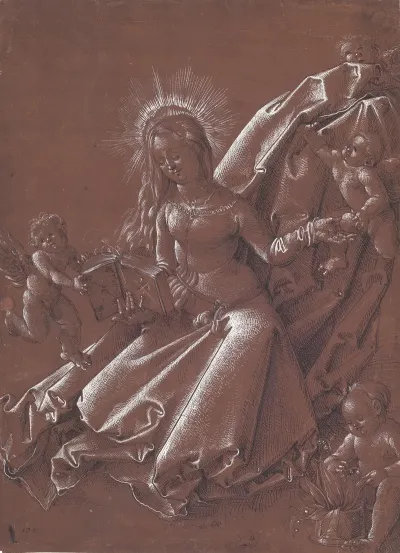 Virgin Mary Seated On The Ground Reading A Book Surrounded By Angels