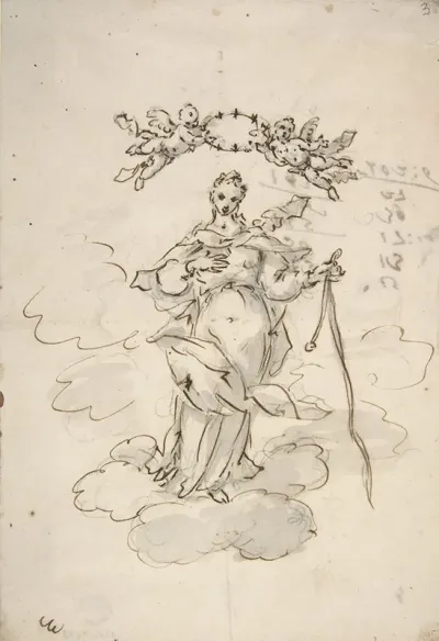 Virgin Standing On Clouds Holding A Scapular In Her Left Hand