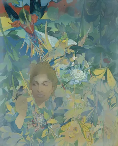 Visage De Femme Sur Fond De Vegetation Luxuriante Et Doiseaux Fantastiques