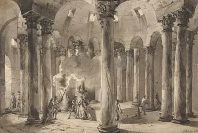 Visitors With Torches Inside A Circular Building