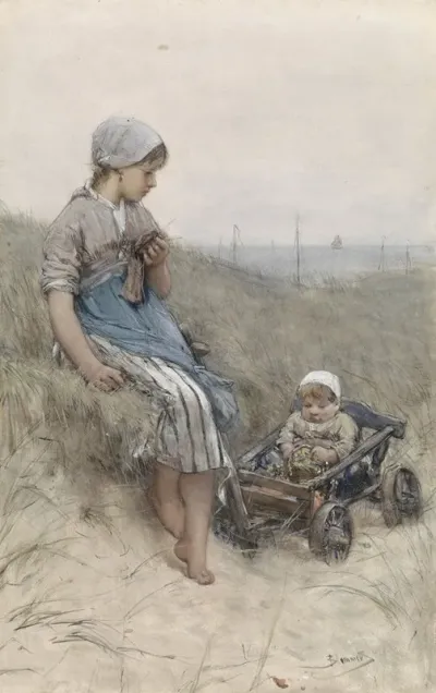 Vissersmeisje Met Kind In Kinderwagen In De Duinen