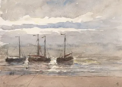 Vissersschepen Op Het Strand Van Katwijk Bij Opkomende Vloed