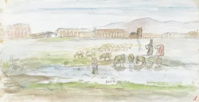 Vlakte Met Schapen Op De Achtergrond Ruines Van Een Aquaduct