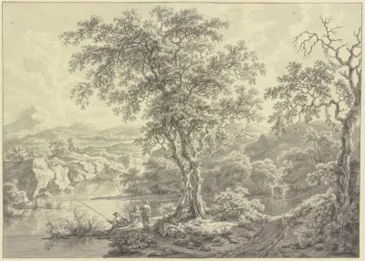 Vom Wald Umgebenes Gewasser In Bergiger Landschaft Im Vordergrund Angler Im Mittelgrund Fahrt Ein Wagen Durch Eine Fur
