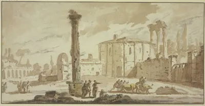 Von Ruinen Umstandener Platz Mit Einer Frei Stehenden Saule Die Rotunde Dem Tempel Des Hercules Victor Auf Dem Forum Boarium In Rom Nachempfunden