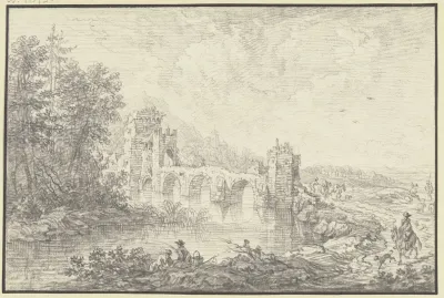 Von Turmen Flankierte Brucke Im Vordergrund Am Flus Ein Angler Und Ein Reiter
