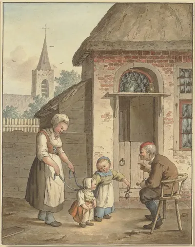 Vor Der Haustur Sitzt Ein Alter Mann Dabei Eine Magd Und Zwei Kinder