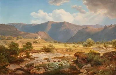 Voralpenlandschaft Mit Einer Kapelle Und Hirtenstaffage