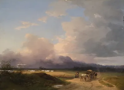 Voralpenlandschaft Mit Fuhrwerk Auf Der Strase