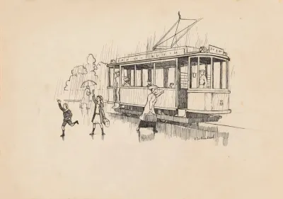 Vrouw Houdt Een Tram Aan In De Regen