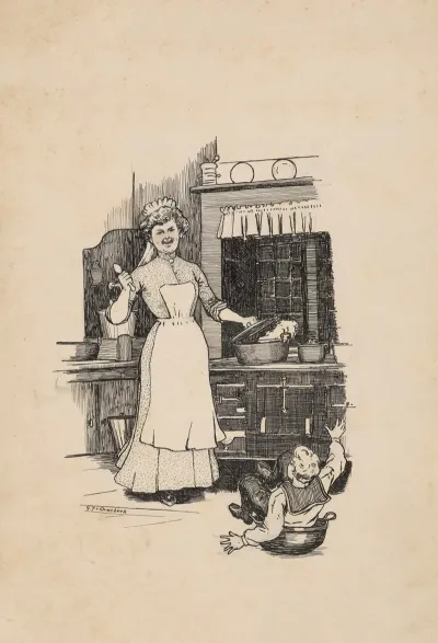 Vrouw Lacht Om Een Jongen In Een Kookpot