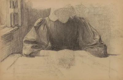 Vrouw Met Een Boerenmuts Gezeten Aan Een Tafel Bij Een Raam