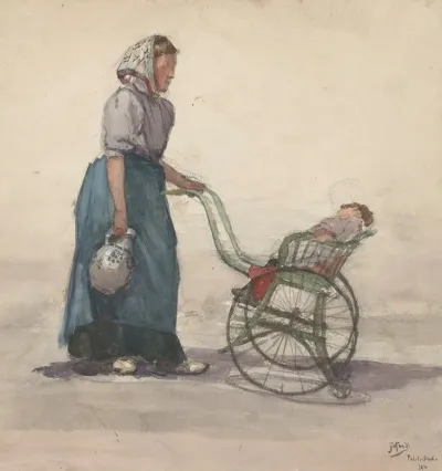 Vrouw Met Kruik En Kinderwagen Naar Rechts