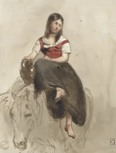 Vrouw Op Een Paard Gezeten Met Kan