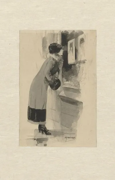 Vrouw Voor Een Etalage Met Prenten En Boeken