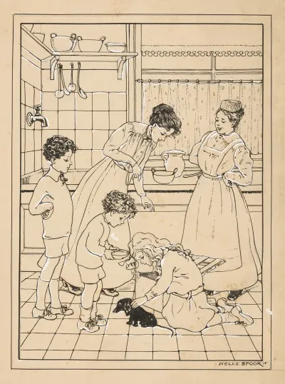 Vrouwen En Kinderen Met Een Puppy In Een Keuken