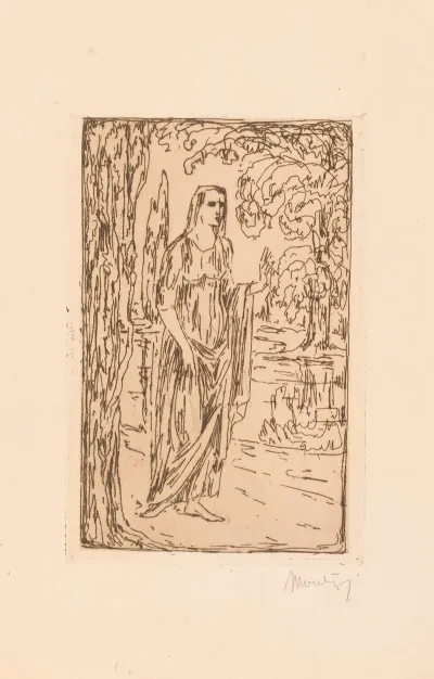 Vrouwenfiguur In Landschap Met Cipressen