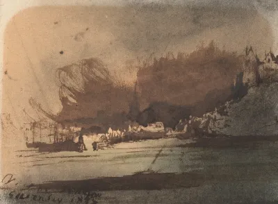 Vue De Guernesey Lavis Dencre Fusain Et Estompe