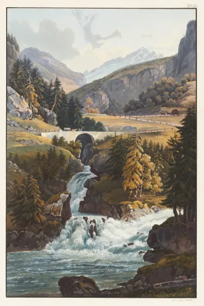 Vue De La Cascade Du Rhin Et Du Torrent Davers Dans Le Roflen