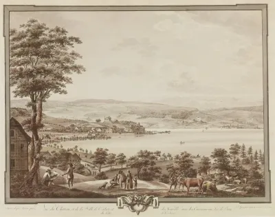Vue Du Chateau Et De La Ville De Cerlier Et De Neuville Avec Les Environs Au Lac De Bienne 2