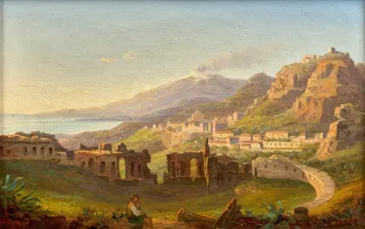 Vue Du Theatre De Taormine Avec Letna En Arriere Plan